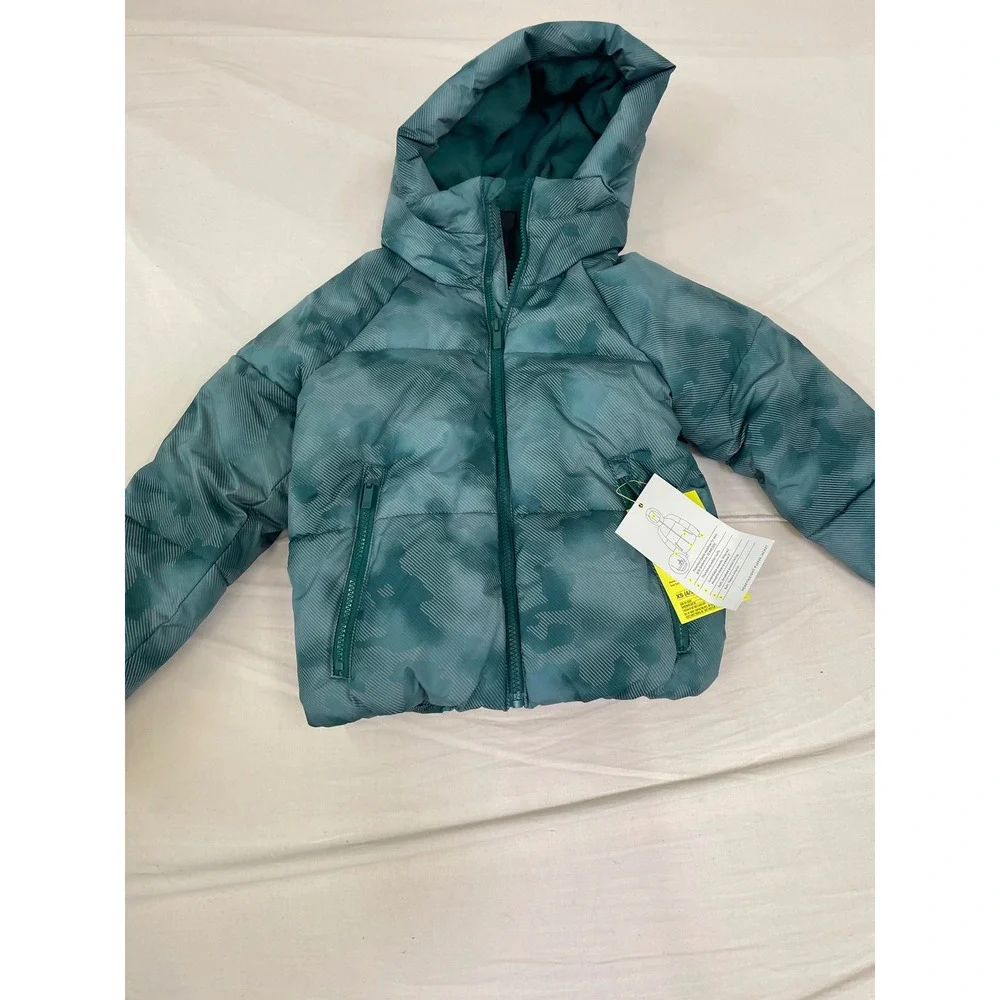 All in Motion Kids Teal Green Print Hooded Puffer Jacket Coat XS 4/5 NEW